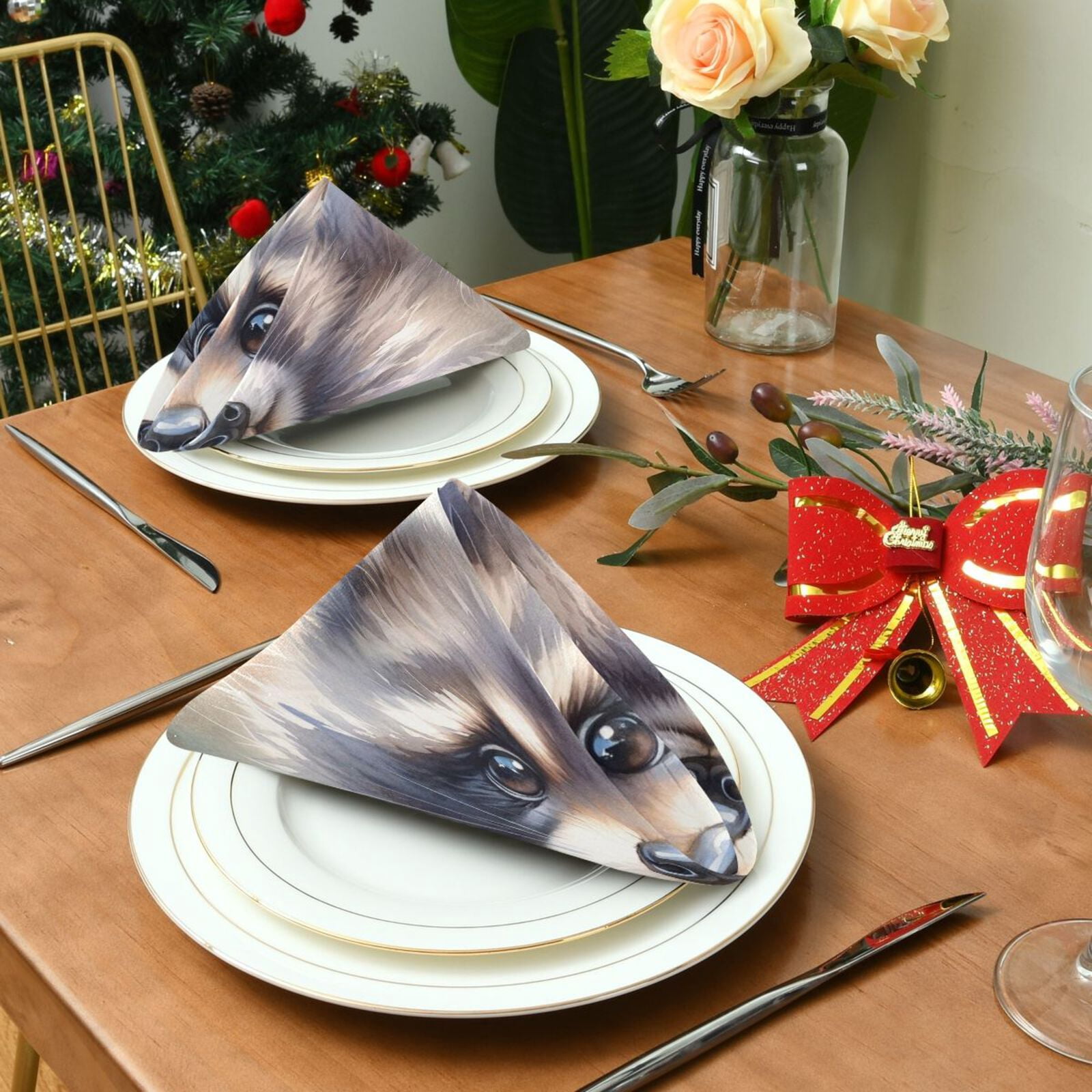 JSTEL Cute Raccoon Watercolor Cloth Napkins Set of 6, 20x20 Inch Washable and Reusable Napkin for Decoupage Dinner Party Everyday Use