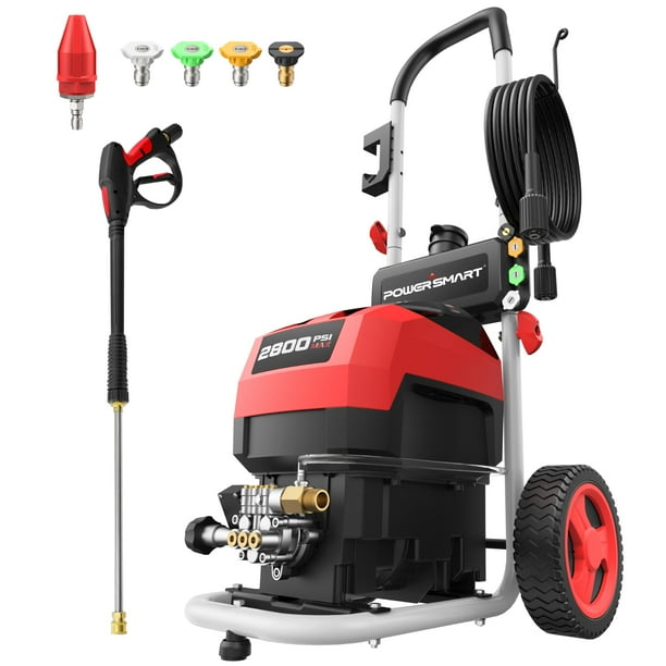 Hidrolavadora eléctrica, máx. 2800 PSI, 2.0 GPM, ruedas de 8", 5 boquillas de pulverización y tanque de espuma de 1.5 L, para limpieza de patios, autos, entradas de vehículos, cercas y casas.