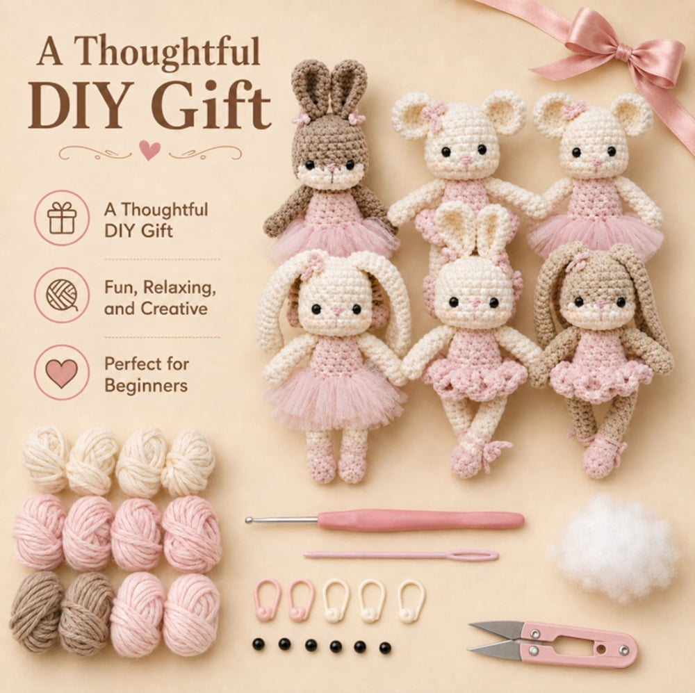 6 Pack Bunny and Bear Crochet Kit for Beginners, Animal Amigurumi Starter Set with Step by Step Video Tutorials, TIKA