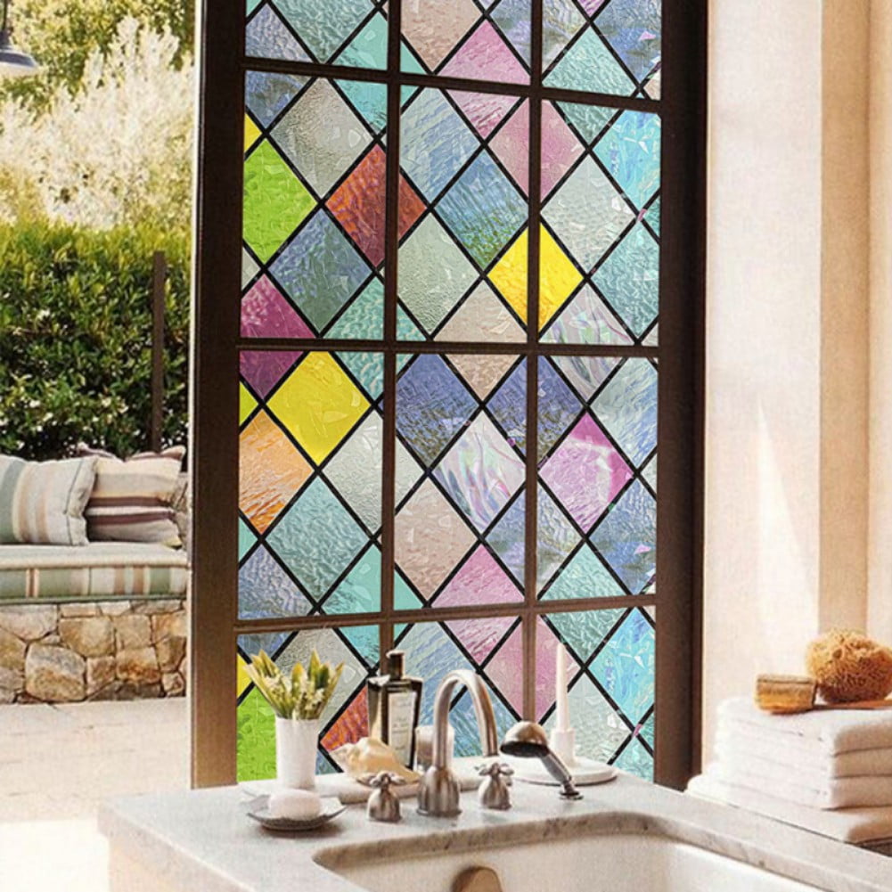 Colorful Light Transmitting Glass Window Stickers Heat Insulating Diamond Grid Pattern Window Sticker Rainbow Glass Decals Waterproof Dustproof Anti UV Privacy Film Suit for The Bedroom Living Room Wa...