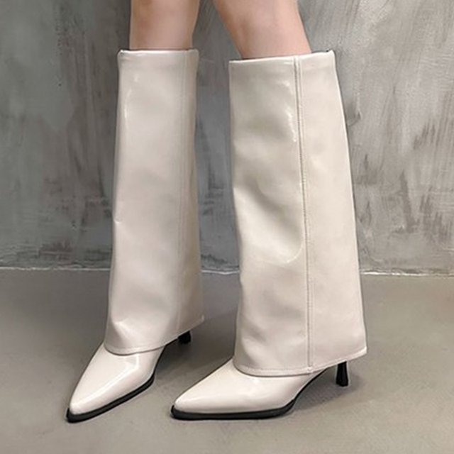Botas altas de cuero grueso para Mujer, zapatos de tacón con puntero hasta la rodilla, Botas Chelsea de tendencia para Mujer, nuevos zapatos de tacón para Mujer, Botas de gladiador de nieve