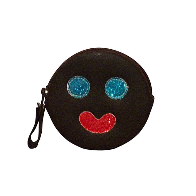Monedero en forma de PALETA PAYASO, Diseño del Dulce Típico Mexicano, Redondo, Color Negro, con de Carita Feliz, Decorado con Brillos Turquesa y Rojo, Moda Kawaii, Novedoso y Encantador.