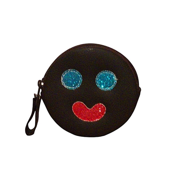 Monedero en forma de PALETA PAYASO, Diseño del Dulce Típico Mexicano, Redondo, Color Negro, con de Carita Feliz, Decorado con Brillos Turquesa y Rojo, Moda Kawaii, Novedoso y Encantador.