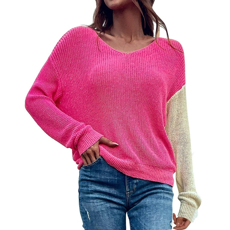 JDEFEG Soft Front Zip Turtleneck Sweatshirt Women Fashion Casual Knit  Sweater Two Tone Backless V Neck Sexs Sweater Top Fashion Pullover Sweater  Polyester Hot Pink Xl 