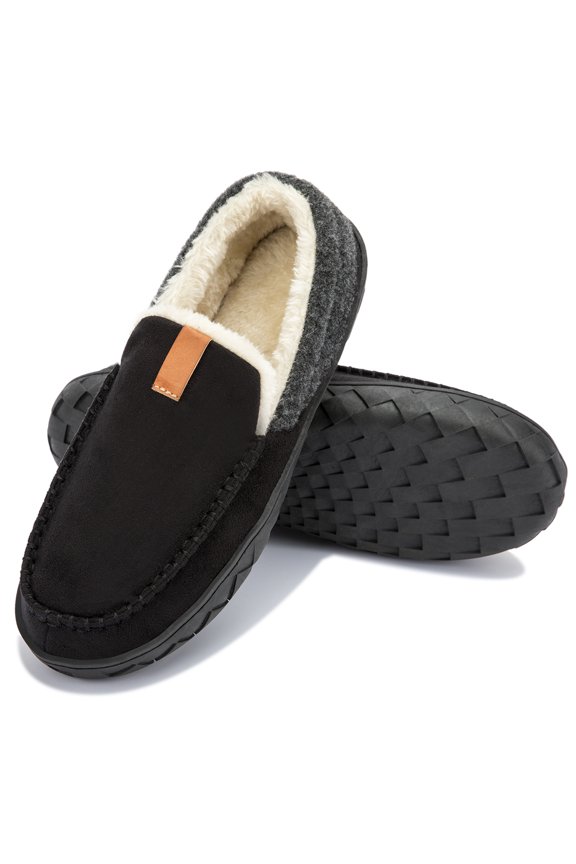 Mens Slippers Cozy Fuzzy Plaid Moccian House Shoe with Memory Foam & Rubber Sole Slip on Indoor Outdoor, Black Size 14
