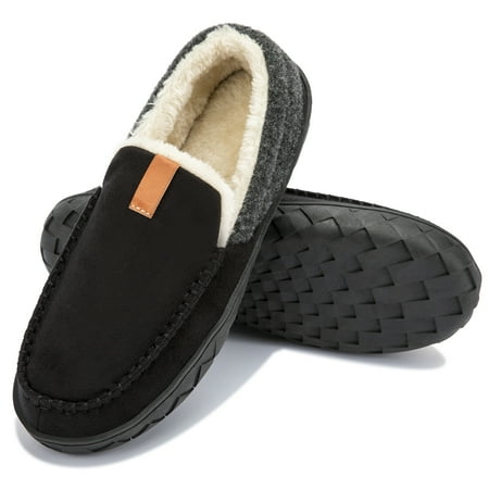 

WOTTE Mens Slippers Cozy Fuzzy Plaid Moccian House Shoe with Memory Foam & Rubber Sole Slip on Indoor Outdoor Black Size 9