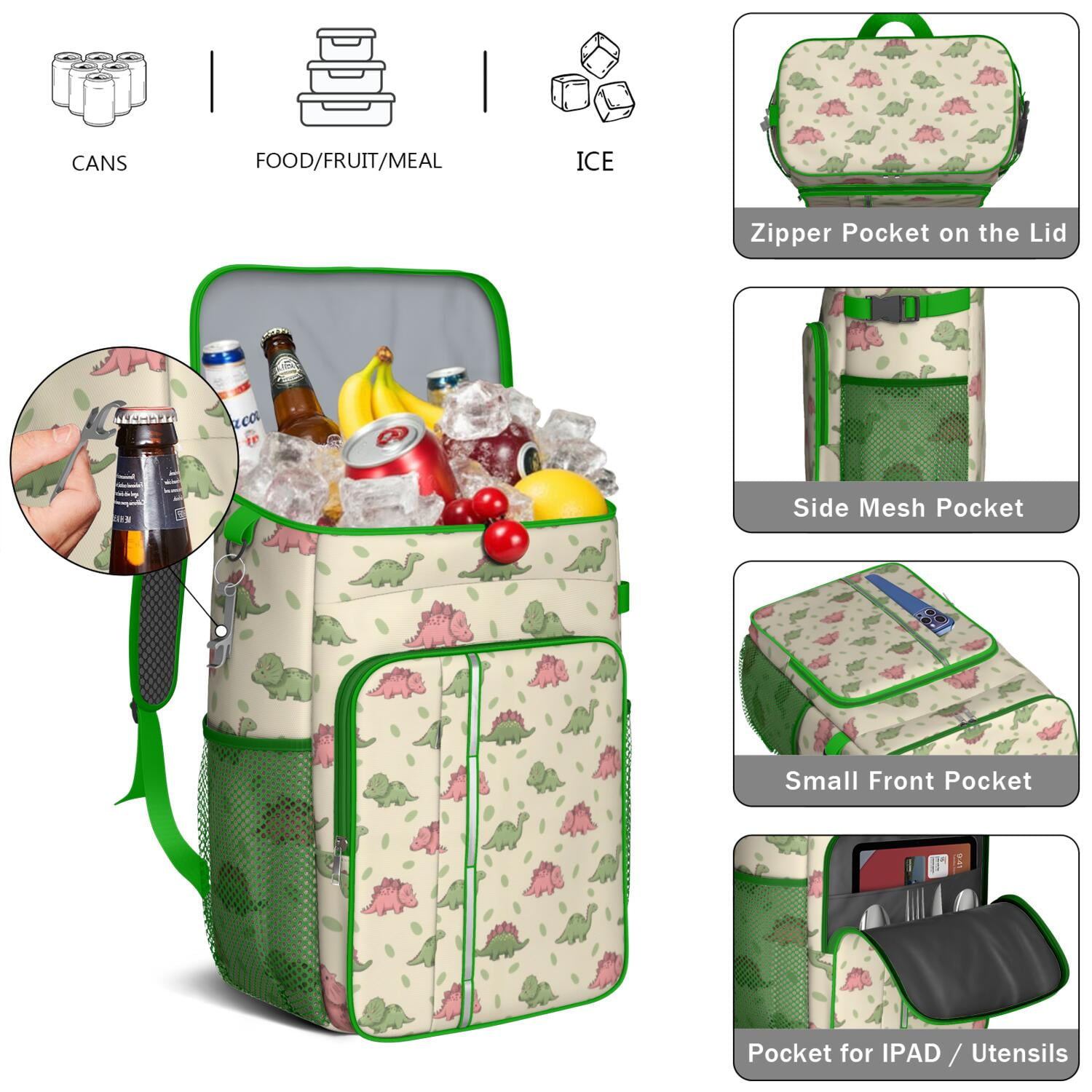 Travel Cooler Bag - Green and Pink Dinosaur Pattern Camping Beer Cooler Backpack with Bottle Opener- Waterproof Insulated Picnic Backpacks - Cooler Bag for Beach