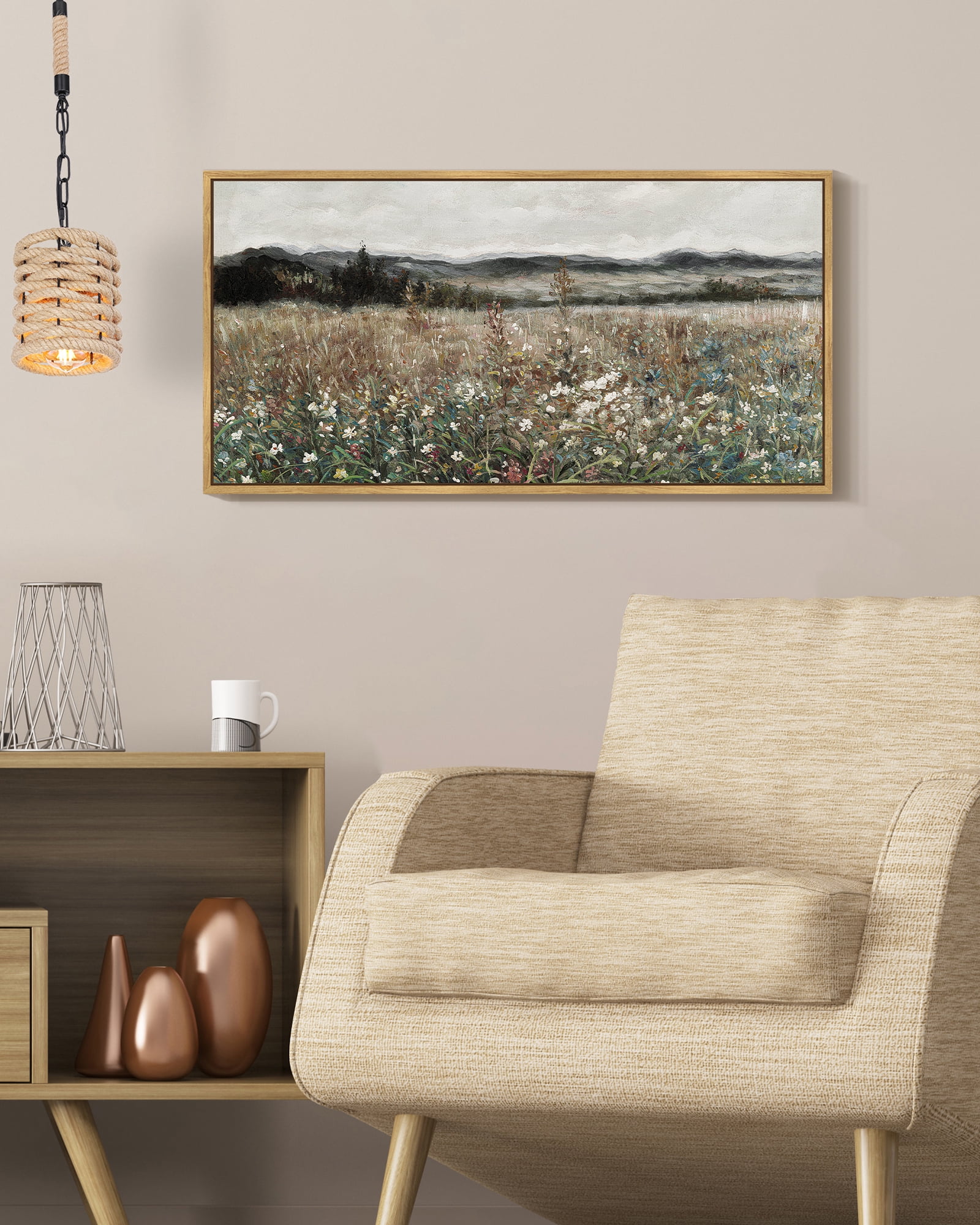 Drsoum Vintage Landscape Wall Art Meadow Sea of Flower Wall Prints Classic Retro Farmhouse Rustic Decorations for Living Room Bedroom 8x16in Natural Framed