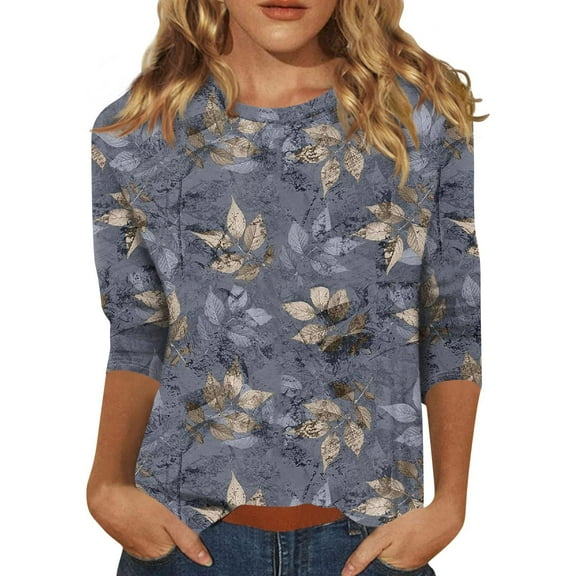 Womens Tops 3/4 Sleeve Trendy Floral Printed Crewneck Tee Shirts Summer Casual Loose Fit Workout Pullover Blouses