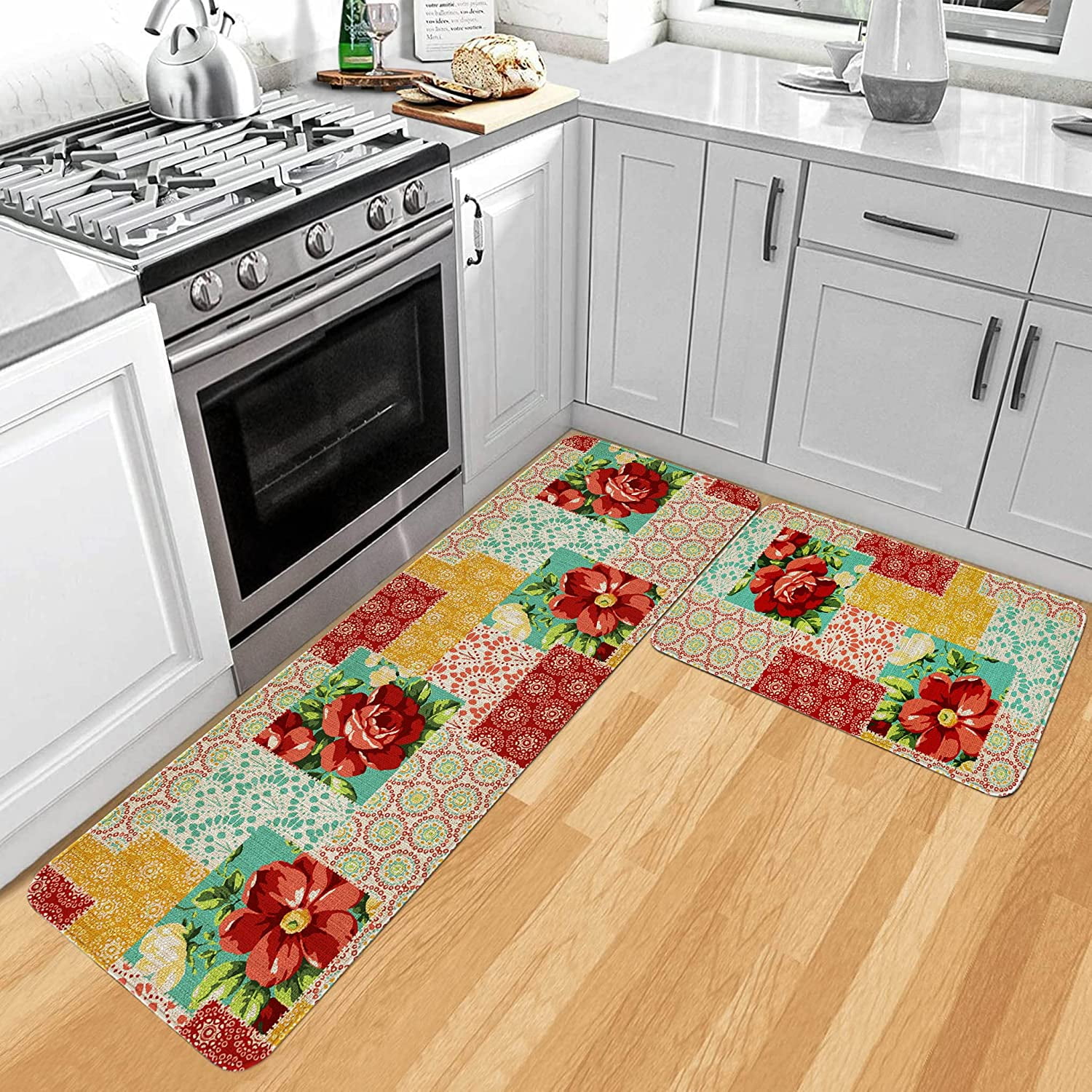 safarsa Kitchen Mats for Floor Set of 2 Pieces Kitchen Rugs and Mats Non  Skid Washable Kitchen Floor Mat(17 Wx30 L+17 Wx 47 L Pink Red Roses