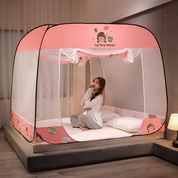 OneTouch Camping Mosquito Net with 18 Needles at The Bottom Dense ThreeDoor Mosquito Repellent Design Convenient for StoragePink180 220CM
