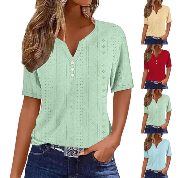 Women's Loose Fit V Neck Short Sleeve Shirt Blouse Top, Casual Solid Color Tunic, Breathable Summer Fashion | CSEONE,Light Blue XL