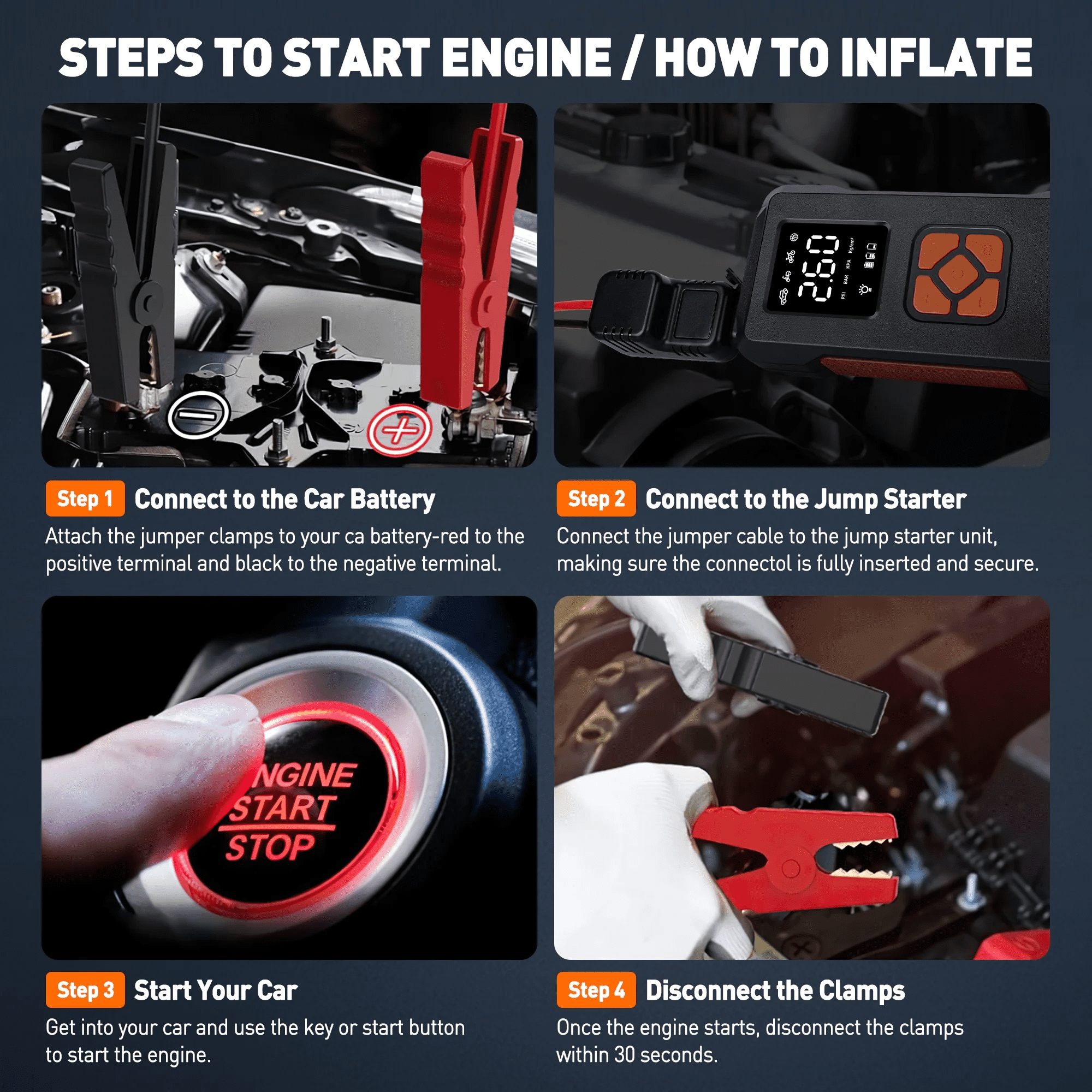 Jump Starter with Air Compressor, 3500A Portable Car Battery Jump Starter with 150PSI Tire Inflator (All Gas/10L Diesel), 12V Jump Box Portable Jumper Cables with LCD Display & Flashlight