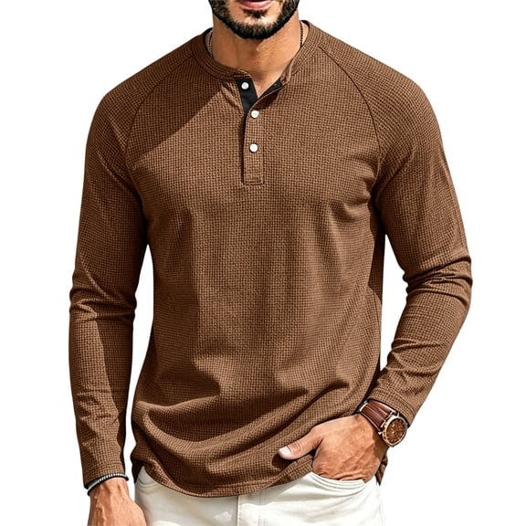 Mens Waffle Knit Henley Shirt Long Sleeve Casual Loose Fit Pullover Top for Fall Winter Out Workwear Comfortable Stretch Light Brown 3XL