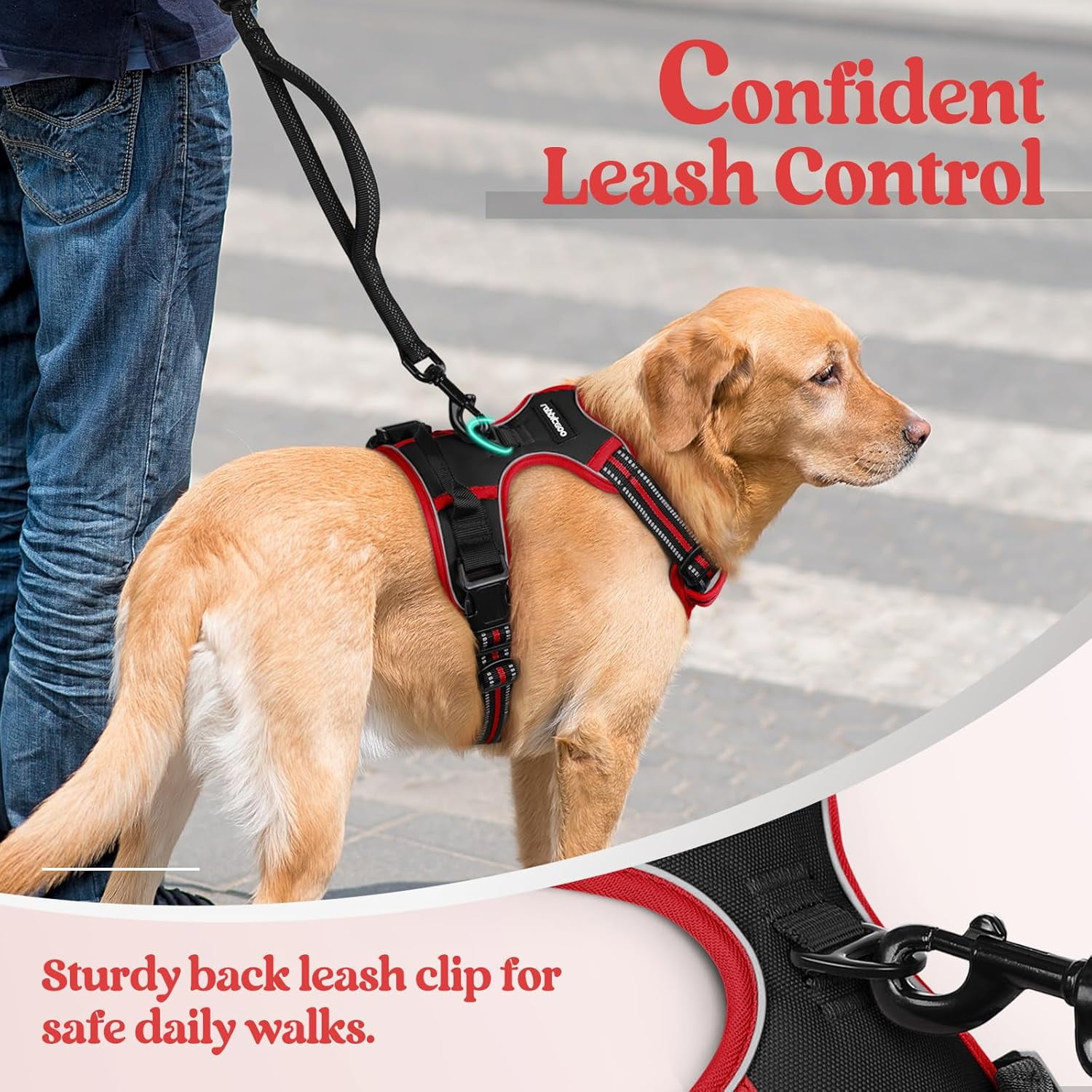 rabbitgoo Dog Harness, No-Pull Pet Harness with 2 Leash Clips, Adjustable Soft Padded Dog Vest, Reflective Outdoor Pet Oxford Vest with Easy Control Handle for Large Dogs, Black & Red