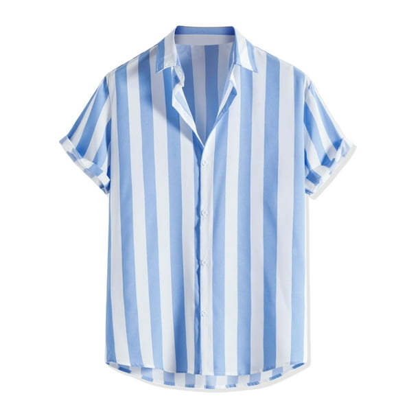 INSPIRE CHIC Camisa a rayas para hombre, manga corta, color block, con botones, playera de playa Azul claro S