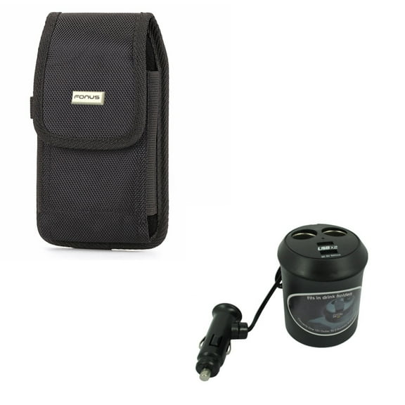 Rugged Canvas Case Vertical w Car Cup Holder Socket Splitter 2-Port Charger Adapter D2R Compatible With Google Pixel 3a XL