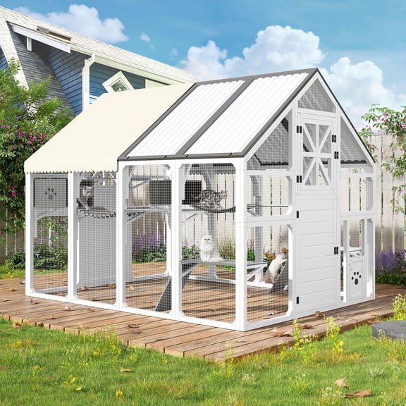 95" Extra Large Catio for Multiple Cats, Outdoor Walk-in Cat Enclosure with 8 Platforms, 2 Resting Boxes, Bridge, PVC Roof Wooden Cat House for Backyard, White