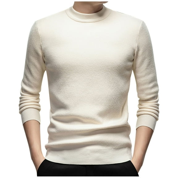 TFEOQRY Men's Crew Neck Sweater Solid Color Knit Long Sleeve Thicken Casual Pullover Fall Winter Warm Top Beige