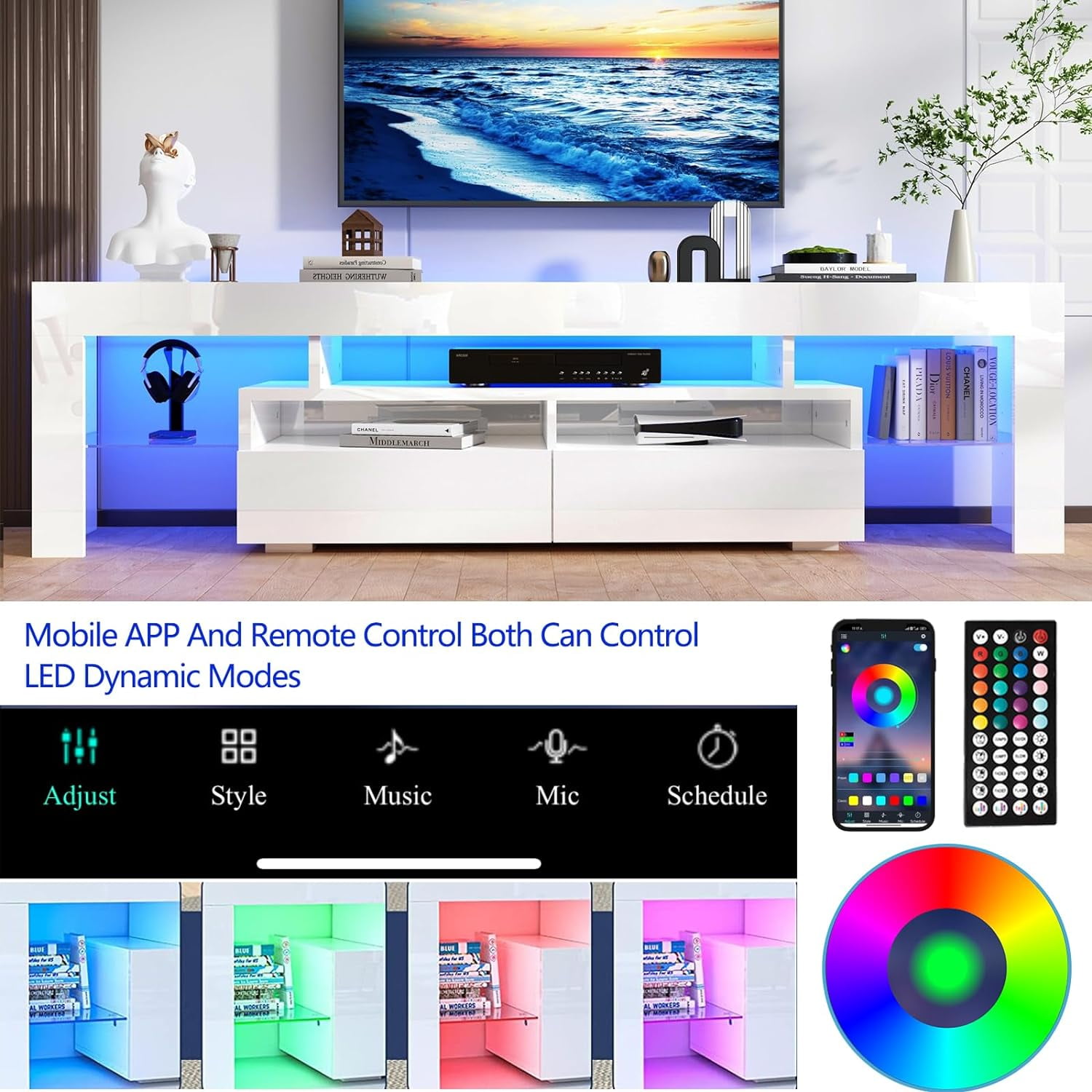 ChVans LED TV Stand for 65/75/85 inch TV, High Glossy Modern Entertainment Center with Drawer and LED Lights(White)