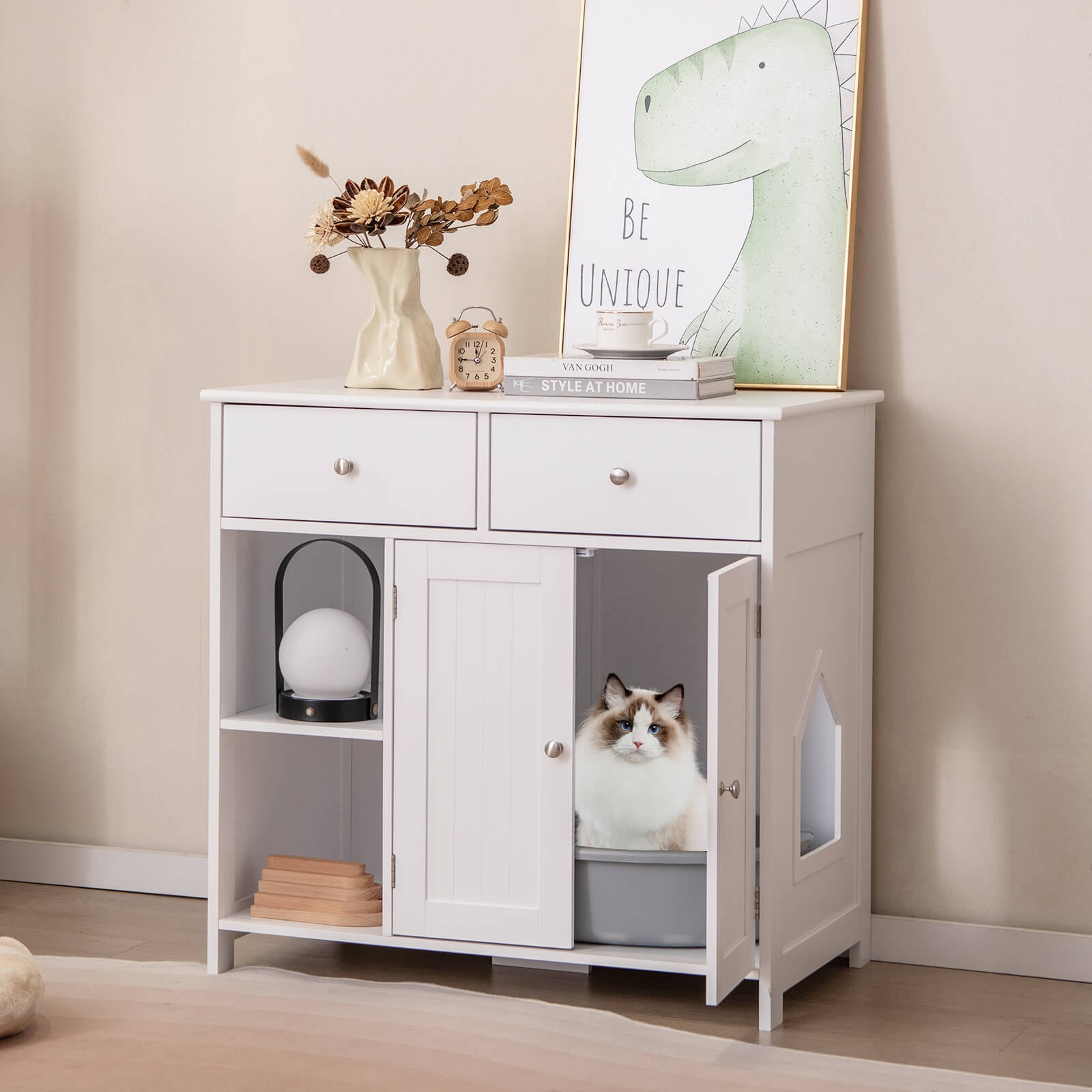 Costway Cat Litter Box Enclosure with 2 Drawers Double Doors Open Shelves Modern Indoor