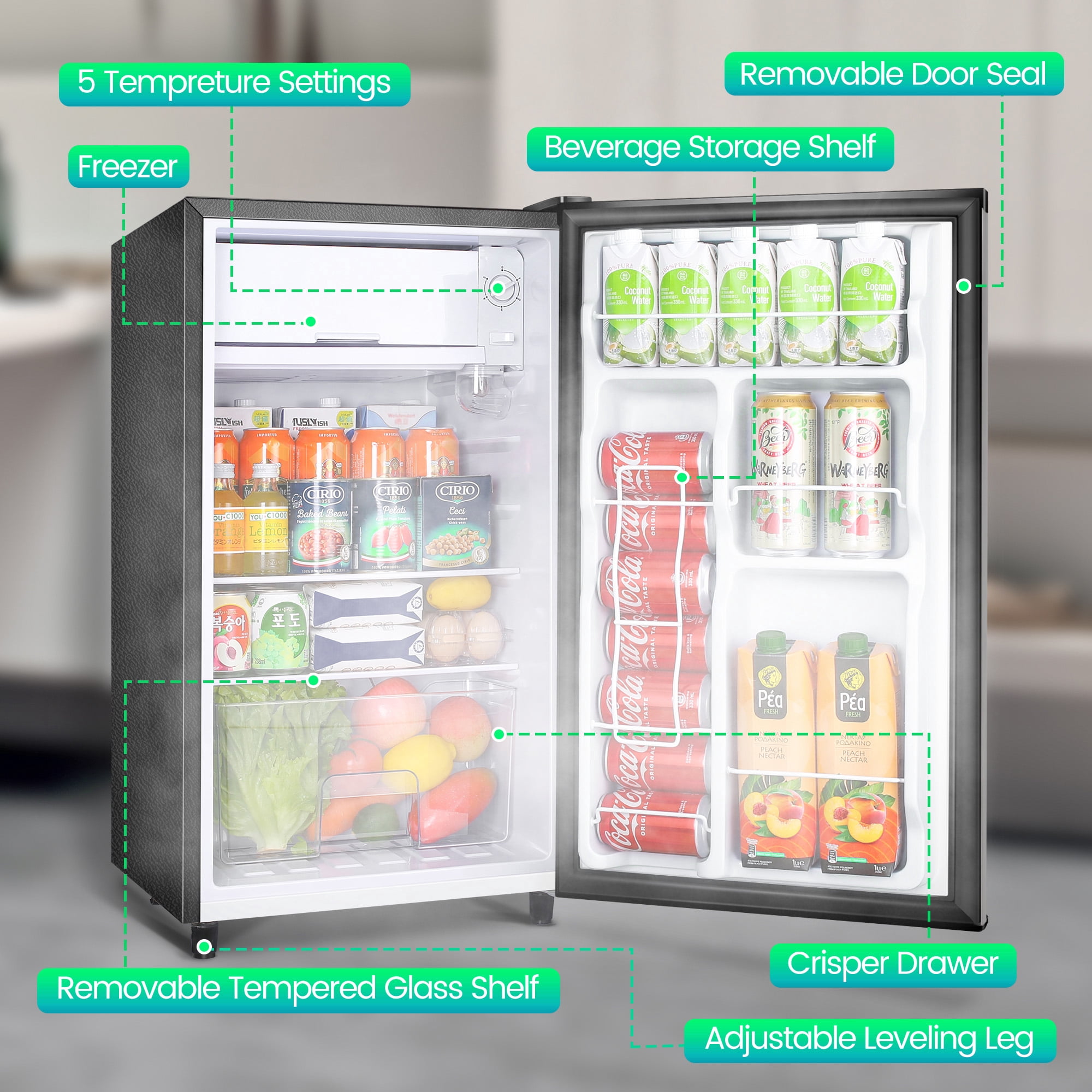 CALLIEVER 3.2 Cu ft One Door Mini Fridge,Silvery,New