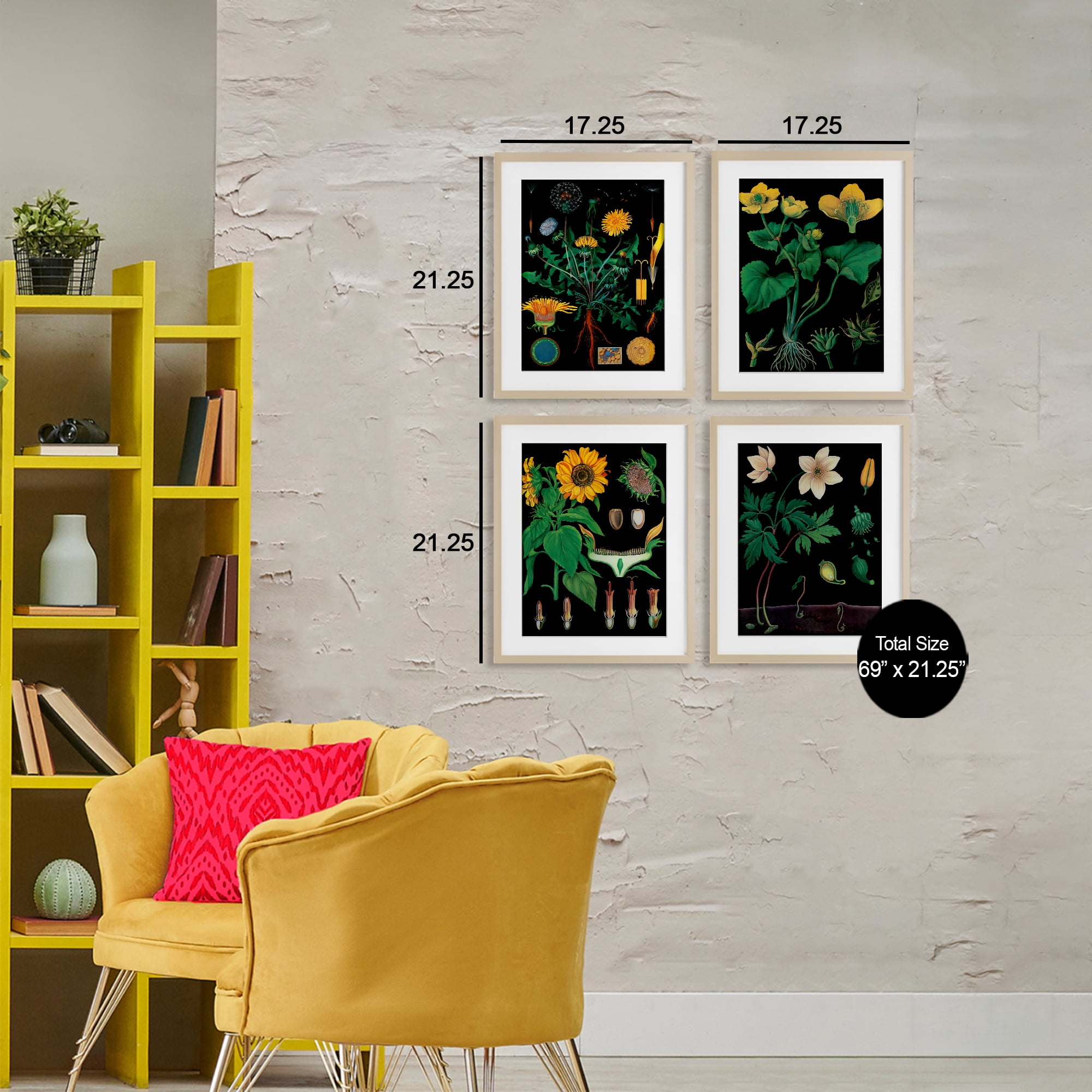 Stupell Industries Botanical Illustrations on Black 4 Piece Birch Framed Print Under Glass Set, design by Vintage Hustle