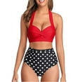 thumbnail image 6 of Women Two Piece Vintage Swimsuit Retro Halter Ruched High Waist Bikini with Bottom, 6 of 9