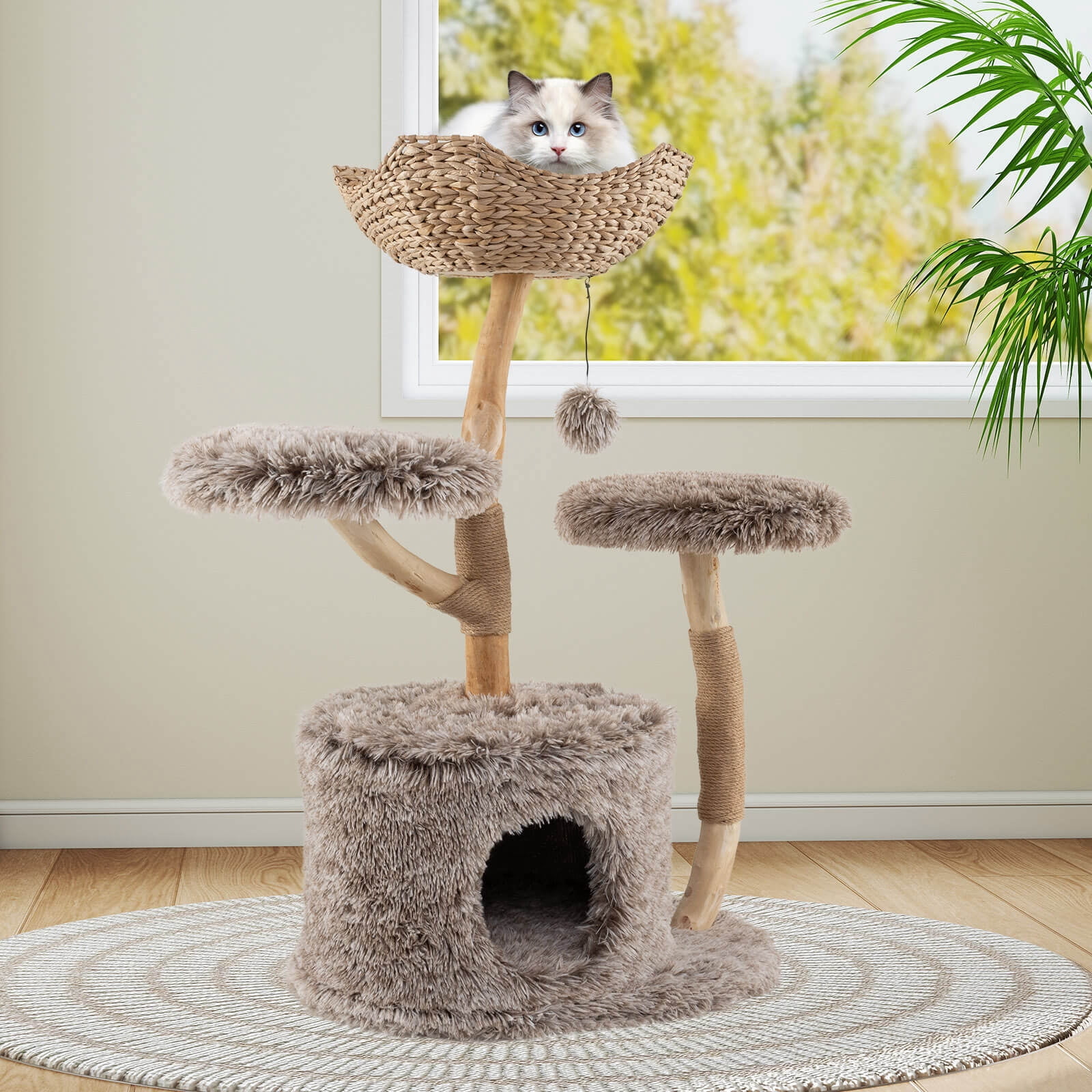 Costway Solid Wood Cat Tree with Well-woven Cattail Basket Luxury Condo Scratching Posts