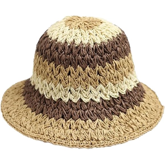Zhengup Straw Beach Straw Sun Hat Women Summer Crochet Colorful Rainbow Striped Bucket Hat Knit Woven Contrast Gradient Floppy Cap