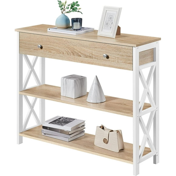 3 Tiers Retro Console Table with Drawer and Open Shelves, Sofa Table with Storage for Living Room, Narrow Tall Console Table for Entryway, X Design, Light Oak