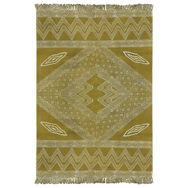 Casavani Cotton Handblock Printed Green Rug Area Rug for Entryway Kitchen Bathroom 4x7 feet