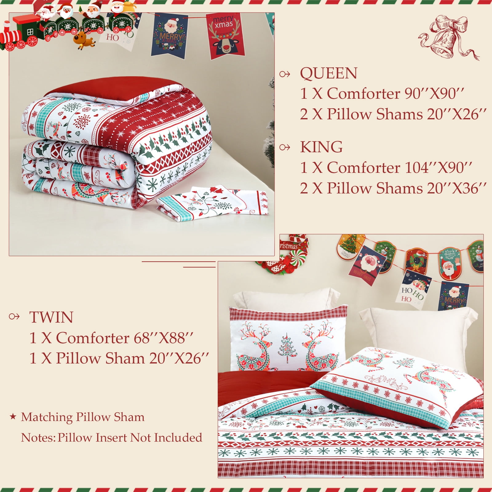 Exclusivo Mezcla Christmas Twin Size Comforter Set, 2 Pieces Reversible Rust Red Striped Bedding Comforters, Printed Flowers Reindeer Pattern