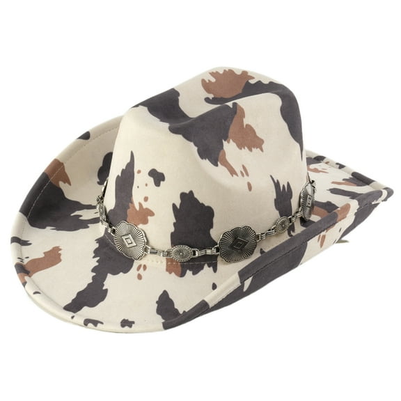 Elegant Rolled Brims Cowboy Hats Cow Pattern Felts Hat Western Hat for Girl