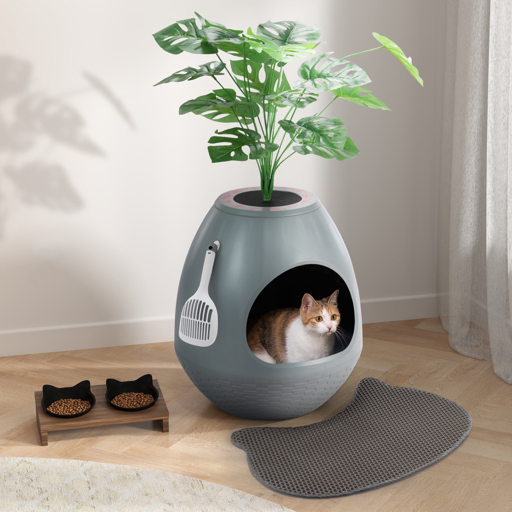 Jaxpety Large Smart Plant Litter Box with Deodorization System, Artificial Plants,5 Cat Litter Bags,Light,Cat Litter Mat,Scoop,Gray