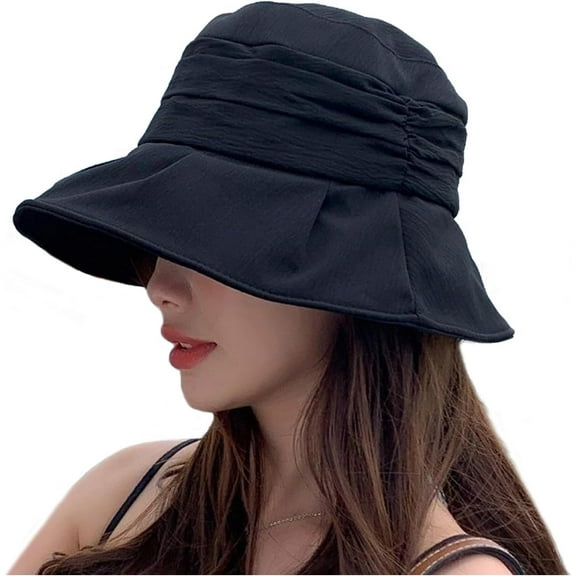 LinYooLi Pleated Texture Bucket Hats for Women, Packable Summer Beach Sun Hats Elegant Fisherman Hat with Strings for Travel