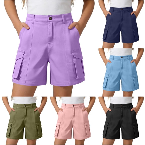 OSOLU Children Girls Cargo Shorts Solid Color Button Elastic Waist Pull On Jogger School Uniforms Stretch with Pockets Casual Holiday Shorts