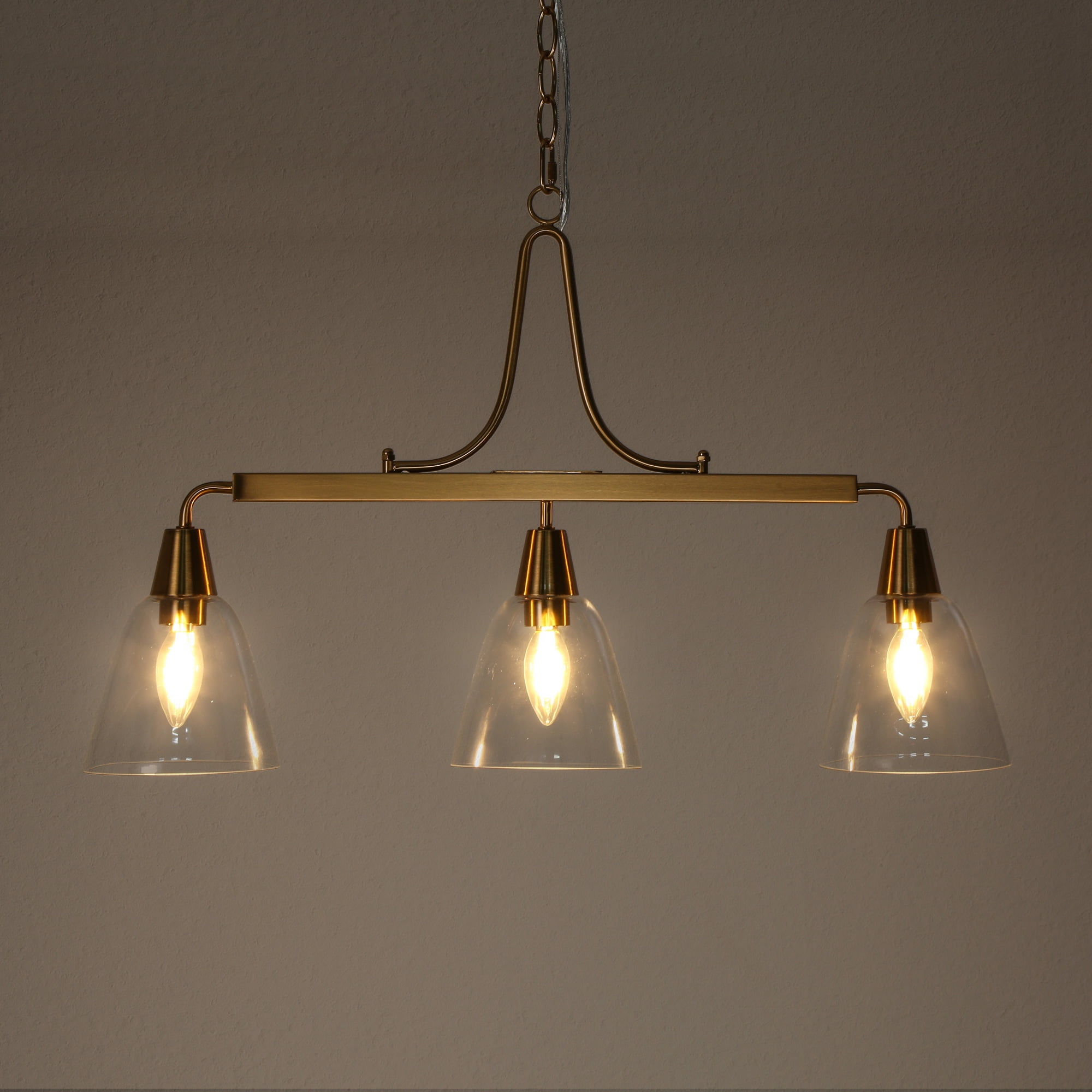 LNC 3-Light Polished Gold Modern Clear Glass Linear LED Large Hanging Pendant Light