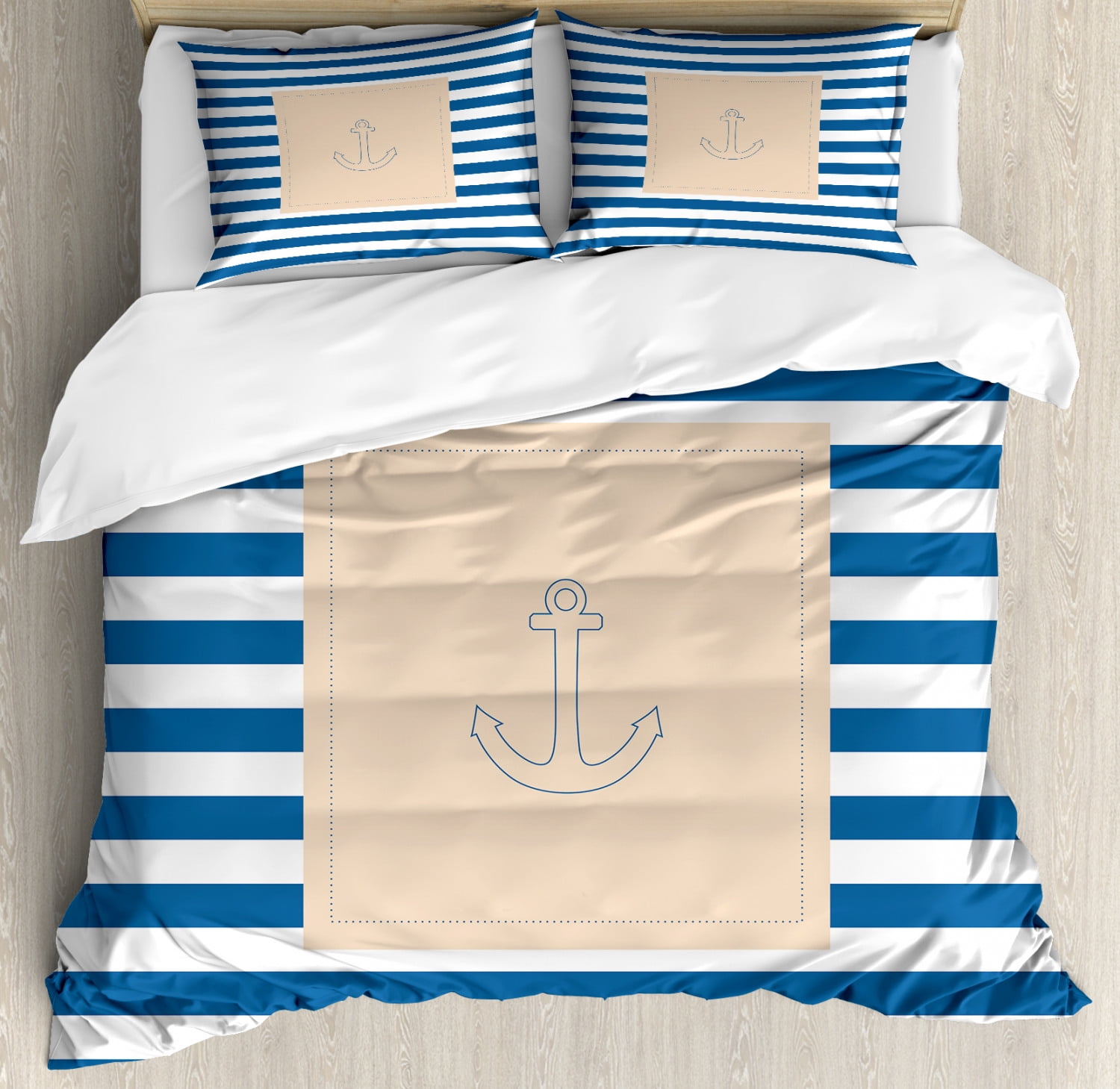 Harbour Stripe King Size Duvet Cover Set, Maritime Anchor Figure over