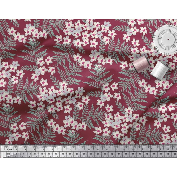 Soimoi Poly Georgette Fabric Leaves & White Flower Floral Printed Fabric 1 Yard 52 Inch Wide