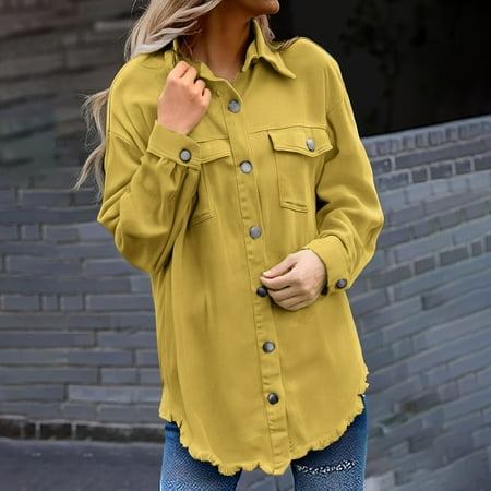 Blouses For Women Dressy Casual Washed Denim Shirt Jacket Fashion Casual Long Sleeves Chest Pockets Regular Fit Polyester Cotton 1x Yellow XL Size S-2XL