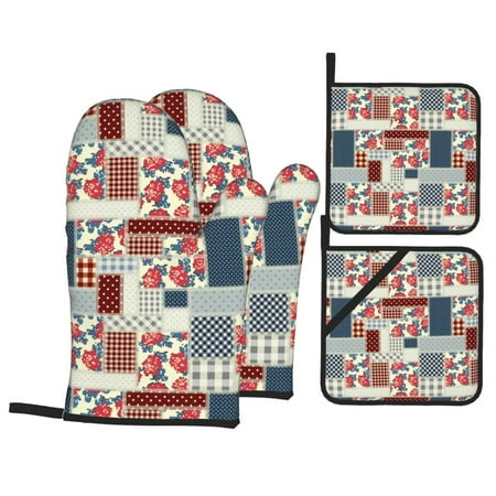 

Oven Mitts and Pot Holders Sets 4 pcs - Patchwork In Country Style Heat Resistant Silicone Oven Gloves with Non-Slip Silicone Surface and hot pads for kitchen Baking Cooking BBQ