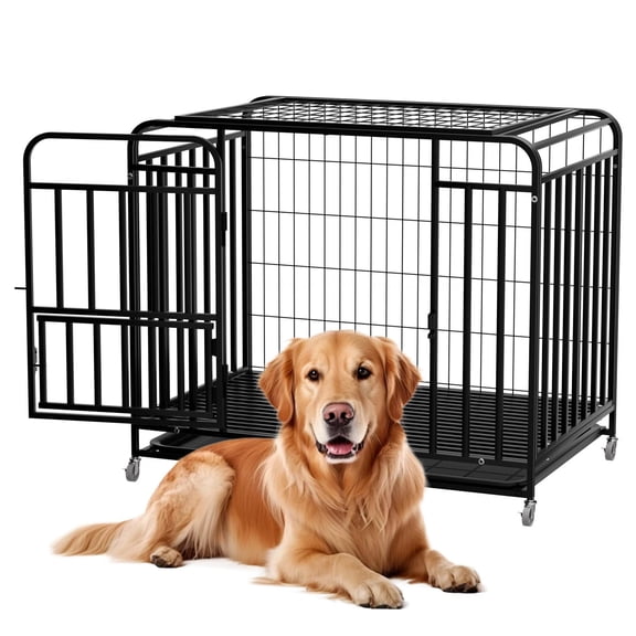 QUHEE 38 inch Sturdy Black Metal Dog Crate with Removable Tray and Lockable Wheels, Pet Kennel for Small and Medium Dogs Indoor Outdoor Use