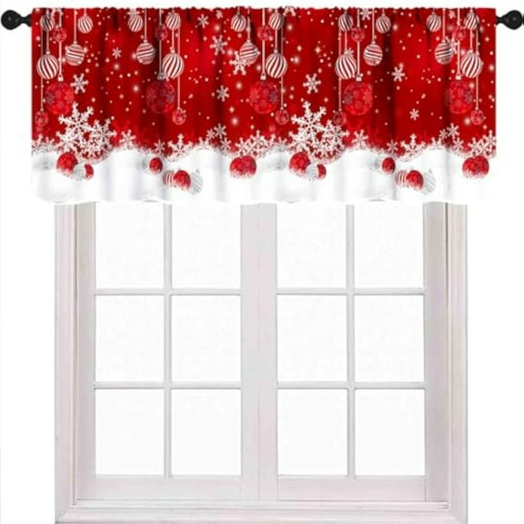 Christmas Kitchen Window Valance,Winter Snowflakes Window Treatment Merry Christmas Ball Ornaments Rod Pocket Red Curtain Valance for Bedroom Living Room Bathroom Cafe 1 Piece,54x18 inch