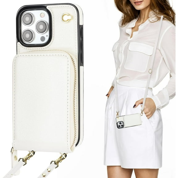 Crossbody Wallet Case for iPhone 15 Pro Max, Zipper Pocket Case with Card Holder, PU Leather RFID Blocking Protective Cover Case with Kickstand Detachable Wrist Strap Lanyard 6.7" (White)