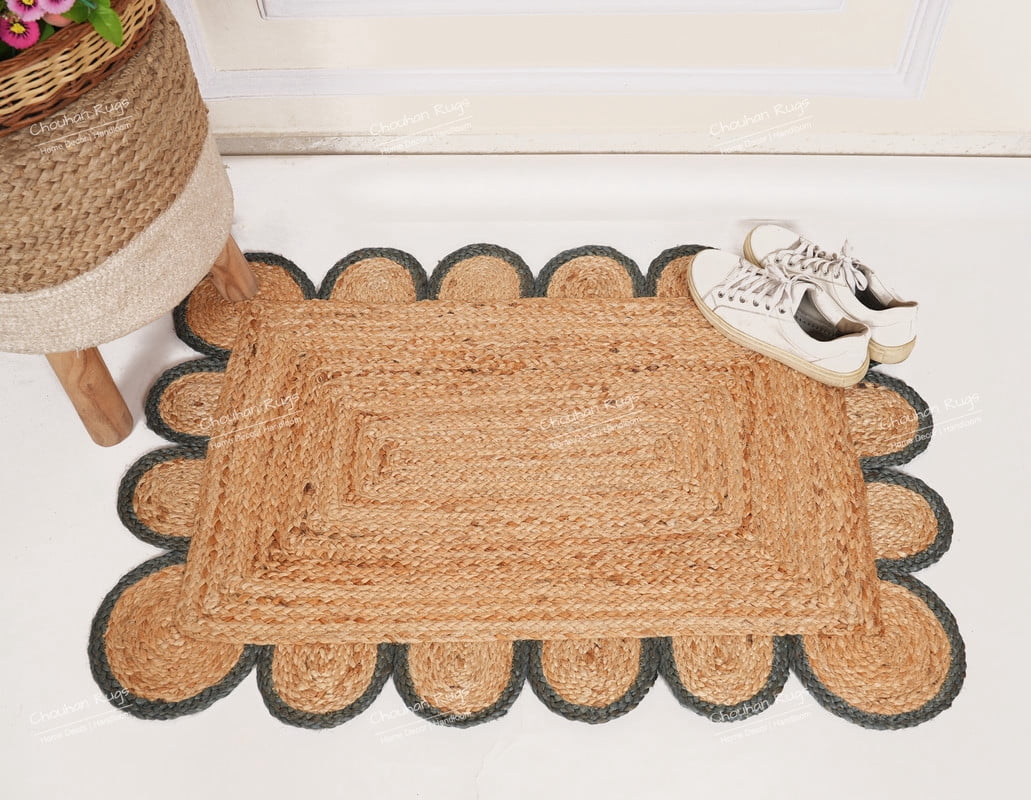 Rectangle Rug Natural Jute Rug Hand Braided Beige and Gray Color Area Rug