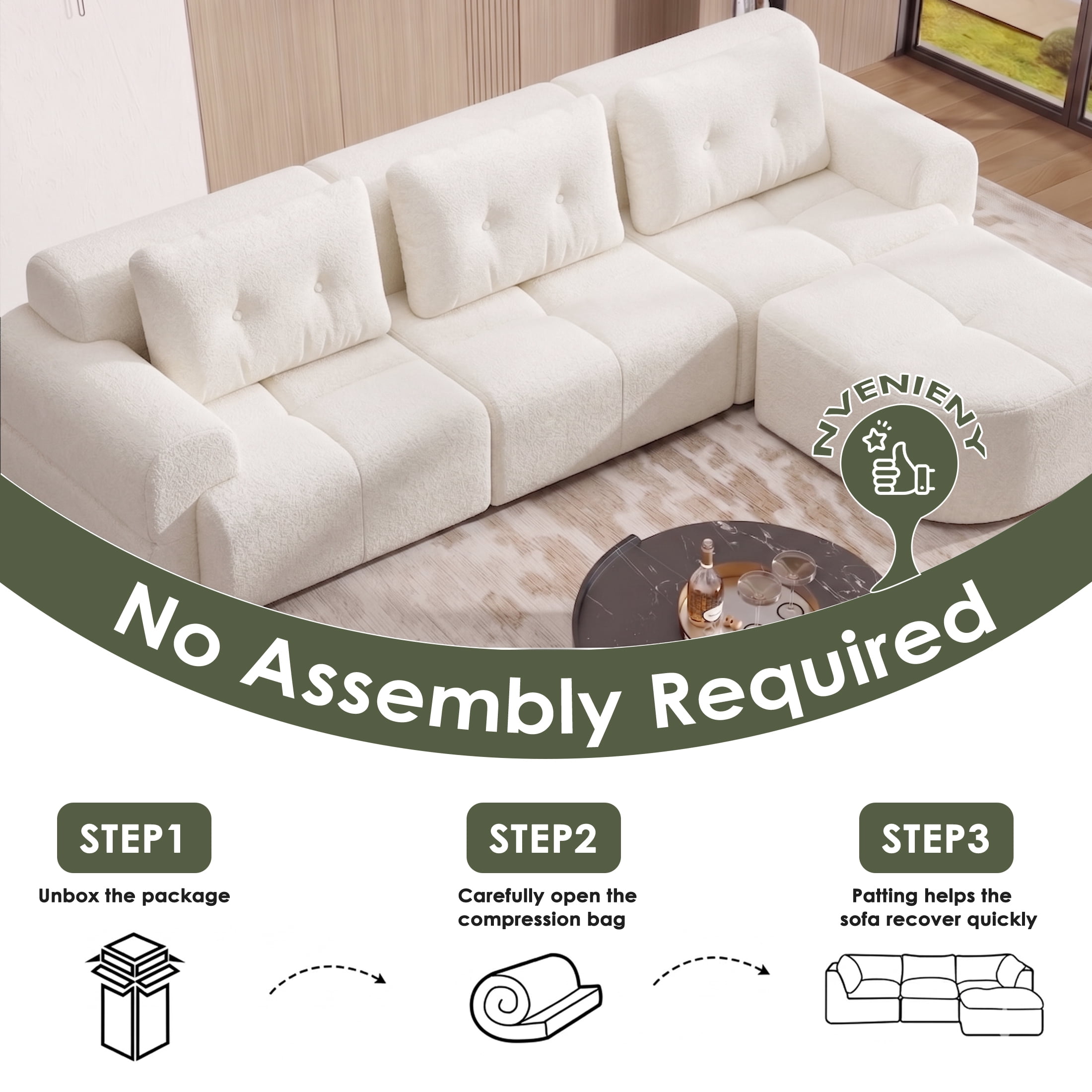 AISWORD 112" Modern L Shaped Modular Sectional Sofa, Cloud Sectional Deep Seat Couch, 4 Seater High-Density Memory Foam Couch Chenille Sofa, Boneless Couches for Living Room, No Assembly, White