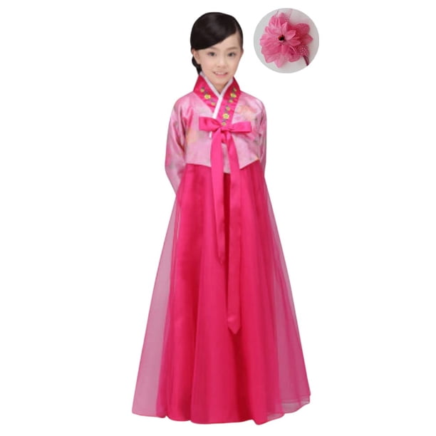 Cbtrfashion Conjunto de traje de vestido de traje de hanbok para niñas coreanas para niños (8-9 años (140 cm) rojo rosa)