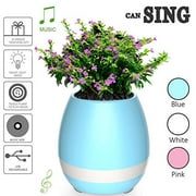 Smart Music Flower-Pot Planter, Touch-Play Indoor Plant-Pot, Wireless Bluetooth Speaker Rechargeable / Round Decorative Muti-Color LED Lights Bowl Vase, Gift , 4 Inch, Blue
