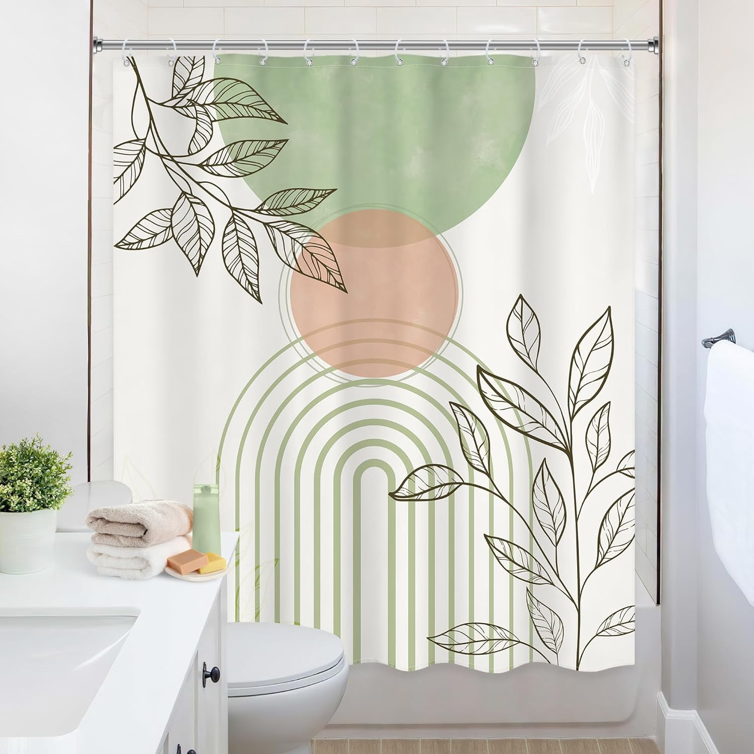 Sage Green Boho Shower Curtain 72Wx72L Inch Mid Century Modern Abstract Leaves Minimalist Geometric Arch Sun Shower Curtain Bathroom Set Plant Bath Curtain Bathtub Accessories Home Decor